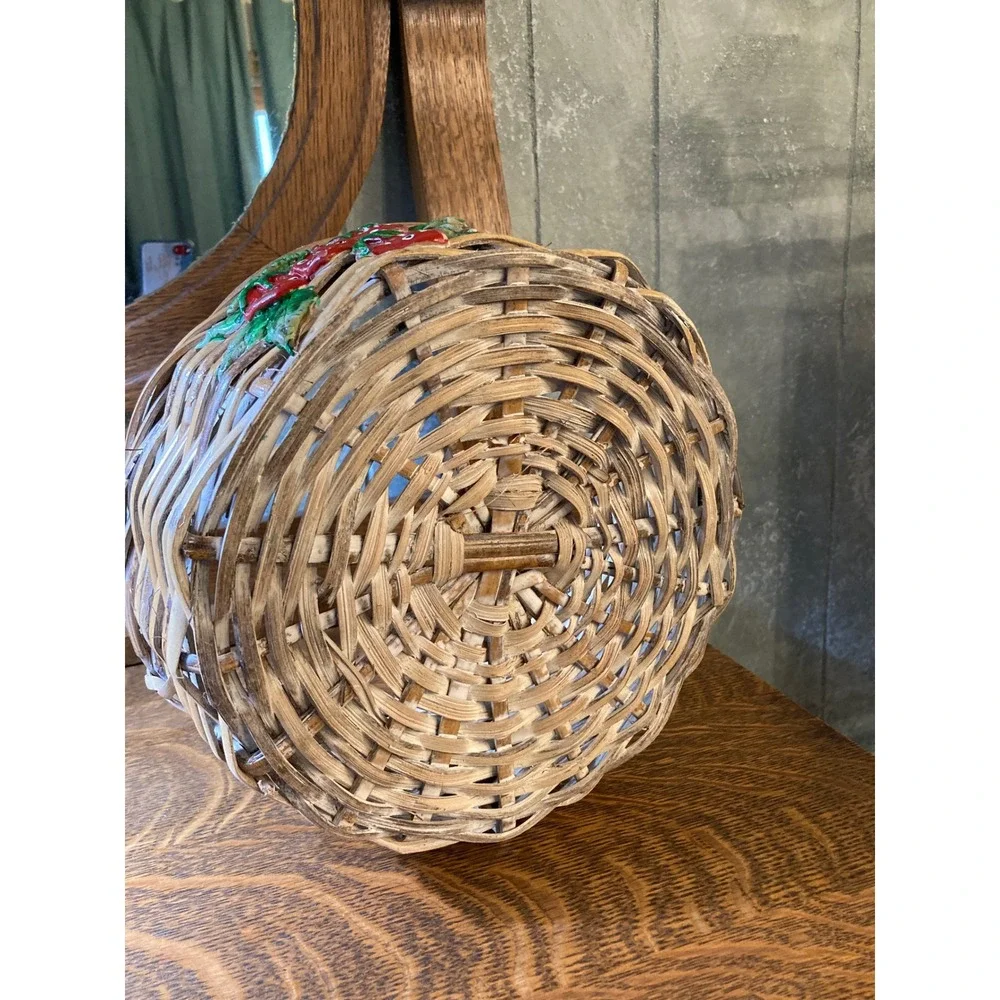 Vintage Wicker Basket with Ceramic Strawberry Accent Cottagecore Round Decor